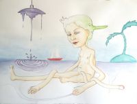 Dejlig chokolade og kage til, dog uden de begrænsende forhold der sidst gjorde sig gældende - Fællestegning med Peter Land, 2015, 57 x 76 cm., Akvarel og blyant på papir. Dejlig chokolade og kage til, dog uden de begrænsende forhold der sidst gjorde sig gældende - Fællestegning med Peter Land, 2015, 57 x 76 cm., Akvarel og blyant på papir.