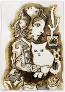 Small Brown Drawing (Multi Faced Girl with White Cat) - 2017, Ink and pencil on paper, 26x18 cm Small Brown Drawing (Multi Faced Girl with White Cat) - 2017, Ink and pencil on paper, 26x18 cm
