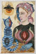 Cat Lady - 2021, 80 x 51 cm., Syet papircollage: akvarel, tusch, sytråd, yume papir. Cat Lady - 2021, 80 x 51 cm., Syet papircollage: akvarel, tusch, sytråd, yume papir.