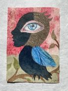 Blue Bird - 2021, 21,5x 15,5 cm., Syet papircollage: akvarel, tusch, sytråd, yume papir. Blue Bird - 2021, 21,5x 15,5 cm., Syet papircollage: akvarel, tusch, sytråd, yume papir.