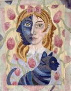 Blue Cat, Pink Tulips - 2022, 74 x 59 cm., Akvarel, tusch og sytråd på japansk yume papir. Blue Cat, Pink Tulips - 2022, 74 x 59 cm., Akvarel, tusch og sytråd på japansk yume papir.