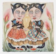 Feline Sisters - 2023, 30 x 30 cm., Akvarel og blyant på håndlavet indisk bomuldspapir